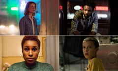 Composite of the tv shows Black Mirror: San Junipero, Atlanta, Stranger Things and Insecure