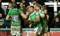 Leicester’s Handré Pollard celebrates his try with teammates against the Stormers in the Champions Cup