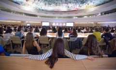 Students gather in the Human Rights Council room in Geneva.