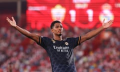 Jude Bellingham celebrates scoring for Real Madrid against Almería.