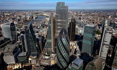 Aerial view of City of London showing Gherkin and Cheesegrater