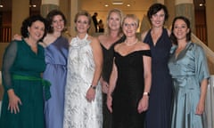 Monique Ryan, Allegra Spender, Zali Steggall, Kylea Tink, Zoe Daniel, Kate Chaney and Sophie Scamps arrive for the midwinter ball at Parliament House in Canberra on Wednesday.