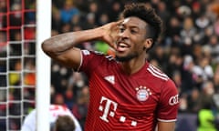 Bayern Munich's Kingsley Coman celebrates after scoring their late, late equaliser.