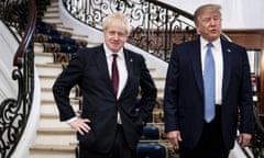 FILE - In this Sunday, Aug. 25, 2019 file photo President Donald Trump and Britain’s Prime Minister Boris Johnson, left, speak to the media before a working breakfast meeting at the Hotel du Palais on the sidelines of the G-7 summit in Biarritz, France. British Prime Minister Boris Johnson has said a lot of nice things about Donald Trump over the years, from expressing admiration for the U.S. president to suggesting he might be worthy of the Nobel Peace Prize. But after a mob of Trump supporters invaded the U.S. Capitol on Jan. 6, Johnson has changed his tune.(Erin Schaff, Pool via AP)