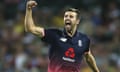 Mark Wood celebrates taking the wicket of Australia’s Steve Smith during their third one-day international match.