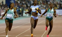 Sha'Carri Richardson smiles as she crosses the line in 10.76 seconds ahead of Shericka Jackson and Dina Asher-Smith.