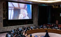 Roger Waters Addresses UN Security Council Meeting on Russia Ukraine Conflict<br>epa10455484 British musician Roger Waters with his dog on a video screen after delivering a speech via video to a United Nations Security Council meeting called by Russia about weapons given to Ukraine at United Nations headquarters in New York, New York, USA, 08 February 2023. Waters was invited to address the meeting by Russia, who called the meeting to address the influx of weapons to the Ukrainian military effort by Western allies. EPA/JUSTIN LANE