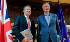 EU chief Brexit negotiator Michel Barnier (right) and the British prime minister's Europe adviser David Frost pose for a photograph at start of the start of post-Brexit trade deal talks between the EU and the United Kingdom in Brussels on March 2, 2020.