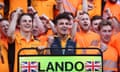 Formula One driver Lando Norris and the McLaren team celebrate finishing second at the British grand prix.