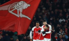 Arsenal's Jorginho celebrates scoring their sixth goal with Kai Havertz.