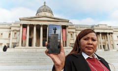 Tukwini Mandela with app in Trafalgar Square, London