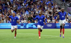 France v United States: Men's Football - Olympic Games Paris 2024: Day -2<br>MARSEILLE, FRANCE - JULY 24: Captain, Alexandre Lacazette #10 of Team France celebrate his first goal with Enzo Millot #12 and Jean-Philippe Mteta #14during the Men's group A match between France and United States during the Olympic Games Paris 2024 at Stade Velodrome of Marseille on July 24, 2024 in Marseille, France. (Photo by Xavier Laine/Getty Images)