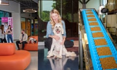 Offices and employees with their pets inside the Mars Petcare HQ, a woman hugs a dog, and kibble production at a factory.