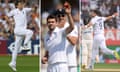 (Left to right) Jimmy Anderson celebrates taking the wicket of Aaron Redmond in 2008, a five-fer in the first Ashes Test of 2013 and bowling Rohit Sharma during the second Test against India in February 2024
