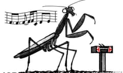 Illustration by David Foldvari of Theresa May as a dancing praying mantis