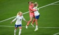 Chloe Kelly, Rachel Daly and Mary Earps celebrating on the pitch