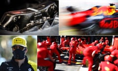 Lewis Hamilton’s steering wheel in his Mercedes W11; Max Verstappen’s Red Bull RB16; the Ferrari pit crew practice pit stops; and Renault’s Esteban Ocon