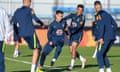 Brazil’s Gabriel Jesus tries to halt Philippe Coutinho during training for the Copa América quarter-final against Paraguay.