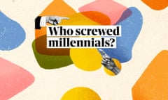 Two fingers point at black text that says Who screwed millennials?