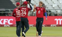 Sam Curran celebrates the wicket of Heinrich Klaasen during England’s T20 opener with South Africa