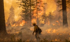 person wearing yellow and carrying equipment walks through forest with flames in the back