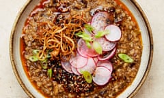 Yotam Ottolenghi’s brown rice and shiitake congee with rayu.