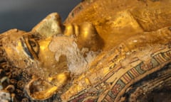 An ancient mummy in the Valley of the Golden Mummies in Cairo. 