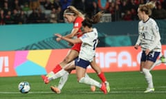 Portugal’s Ana Capeta (left) hit the post in injury time as the USA progressed to the last 16 with a whimper. 