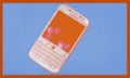 Illustration of a orange-tinted Blackberry phone on top of a blue background
