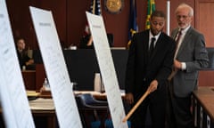 Kecalf Franklin, 53, the youngest son of Aretha Franklin, points to enlarged documents during jury trial over Aretha Franklin’s wills.