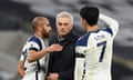 Lucas Moura, José Mourinho and Son Heung-min celebrate the win over Manchester City.