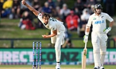 Mitchell Starc bowls for Australia during the second Test against New Zealand at Hagley Oval