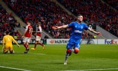 Ryan Kent of Rangers FC celebrates after scoring his team’s first goal.