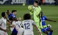 Real Madrid’s Thibaut Courtois catches the ball during his side’s 0-0 draw with Getafe.