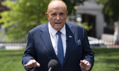 Rudy Giuliani<br>FILE - Rudy Giuliani, a personal attorney for President Donald Trump, talks with reporters outside the White House, Wednesday, July 1, 2020, in Washington. A voting technology company is suing Fox News, three of its top hosts, Giuliani and Sidney Powell for $2.7 billion, charging that the defendants conspired to spread false claims that the company helped steal the U.S. presidential election away from former President Donald Trump. (AP Photo/Evan Vucci, File)