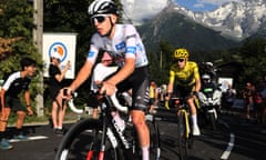 Tadej Pogacar in front of Jonas Vingegaard on the climb to Saint-Gervais Mont-Blanc