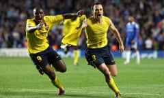 Andrés Iniesta removes his shirt and is chased by Samuel Eto’o after scoring Barcelona’s late Champions League semi-final winner at Chelsea in May 2009.
