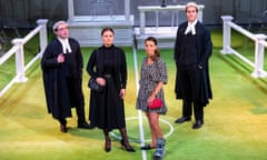 Jonathan Broadbent (Hugh Tomlinson QC), Lucy May Barker (Rebekah Vardy), Laura Dos Santos (Coleen Rooney) and Tom Turner (David Sherborne) in Vardy v Rooney: The Wagatha Christie Trial.