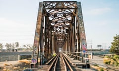 A graffitied railway bridge in Los Angeles. 