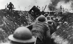 British troops go over the top in the trenches during the Battle of the Somme.