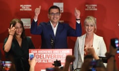 Daniel Andrews (centre) reacts as he arrives during the Labor Party reception at the Village Green in Mulgrave on Victorian State election night in Melbourne, Saturday, November 24, 2018. (AAP Image/Julian Smith) NO ARCHIVING