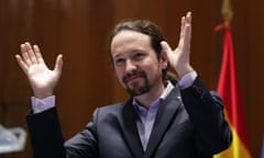 Podemos leader Pablo Iglesias gestures after receiving his ministerial briefcase in Madrid, Spain in January 2020.