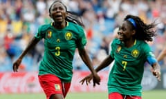 Cameroon’s Ajara Nchout (left) celebrates scoring their second goal with Gabrielle Aboudi Onguene.