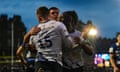 Elliot Daly, Owen Farrell and Rotimi Segun celebrate Segun’s try.