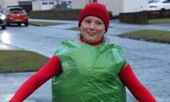 Pamela Butchart as Georgia Nicolson wearing the pimento stuffed olive costume from 'Angus Thongs and Full-Frontal Snogging' by Louise Rennison.

Ingredients:

2 x green bin bags

3 x pillow from bed 

1 x 30 meter roll of bubble wrap

A good deodorant (because BUBBLE WRAP!). 

1 x red beanie hat

1 x red polo neck jumper 

1 x pair of green tights 

1 x pair of scissors 

LOTS of Sellotape

1 x patient husband