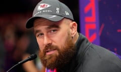 NFL: Super Bowl LVIII Opening Night<br>Feb 5, 2024; Las Vegas, NV, USA; Kansas City Chiefs tight end Travis Kelce (87) talks to the media during Super Bowl LVIII Opening Night. Mandatory Credit: Lucas Peltier-USA TODAY Sports