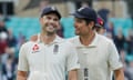 Jimmy Anderson and Alastair Cook leave the field together after the victory over India.