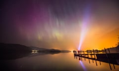 The aurora borealis, or the northern lights as they are commonly known, over Derwent water near Keswick in the Lake District. PRESS ASSOCIATION Photo. Picture date: Wednesday March 18, 2015. See PA story ENVIRONMENT Aurora. Photo credit should read: Owen Humphreys/PA Wire