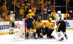 The Penguins celebrate their first goal - the opener came in the final moments of the game