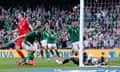 Shane Duffy forces the ball over the line to avert disaster at the hands of Azerbaijan. 